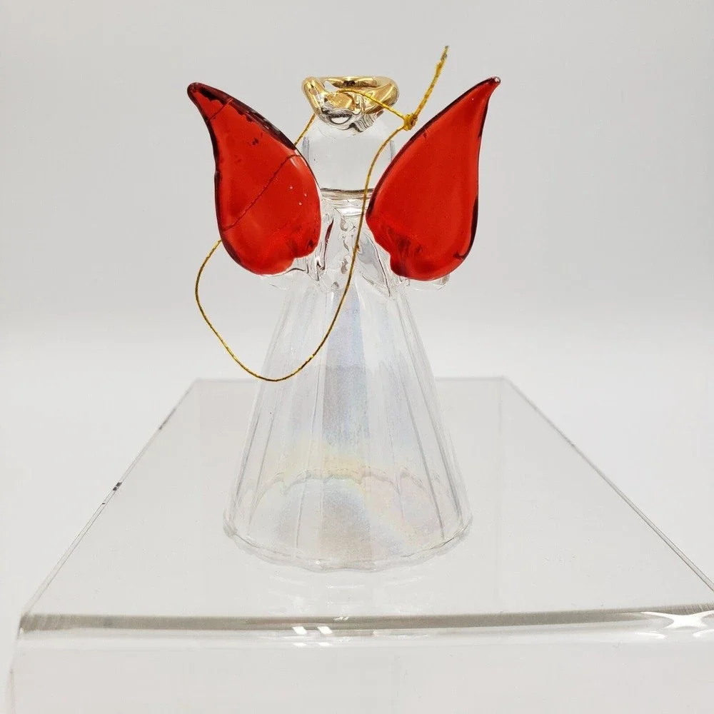 Vintage Glass Angel Ornament Clear Iridescent Body Red & Gold Wings‎ 2.5